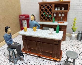 1:24 scale (half scale) dollhouse miniature wet bar chocolate brown with marble colored counters and copper colored foot bar and sink.