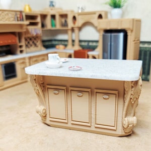 Island part of my full fancy pants dollhouse kitchen in lite brown with marble colored counter for dollhouse 1:24 scale (half scale)