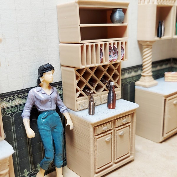 1:24 scale (half scale) dishes cabinet, part of full fancy pants dollhouse kitchen in lite brown with marble colored counter for dollhouse