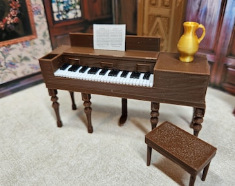 Dollhouse Miniature Piano, Upright With Bench and Sheet Music - 1