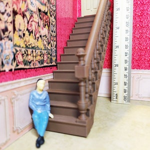 Straight dollhouse staircase with railing for diorama in three colors for 10&#39; (5&quot;) scale ceilings.