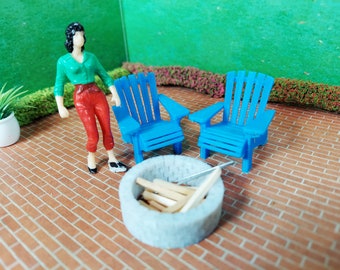 1:24 Scale (Half scale)  Adirondack chair. choice of a pair of chairs or 4 chairs and fire pit for a dollhouse.