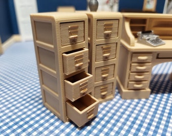 Dollhouse filing cabinet with 4 working drawers to match my office desk for dollhouse miniatures or diorama 1:24 scale (half scale)