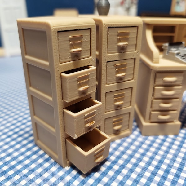 Dollhouse filing cabinet with 4 working drawers to match my office desk for dollhouse miniatures or diorama 1:24 scale (half scale)