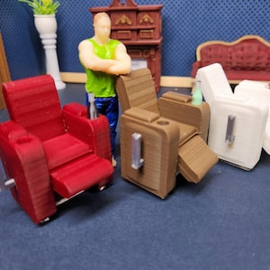 1:24 scale (half scale) recliner chair with working footrest and back rest in 3 colors for dollhouse or diorama