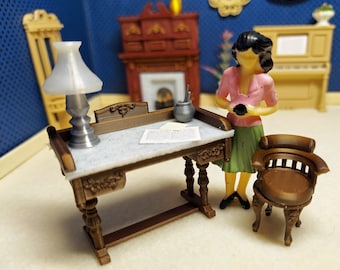 Dollhouse antique writing desk with free chair available in three colors for dollhouse miniatures or diorama. 1:24 scale (half scale)