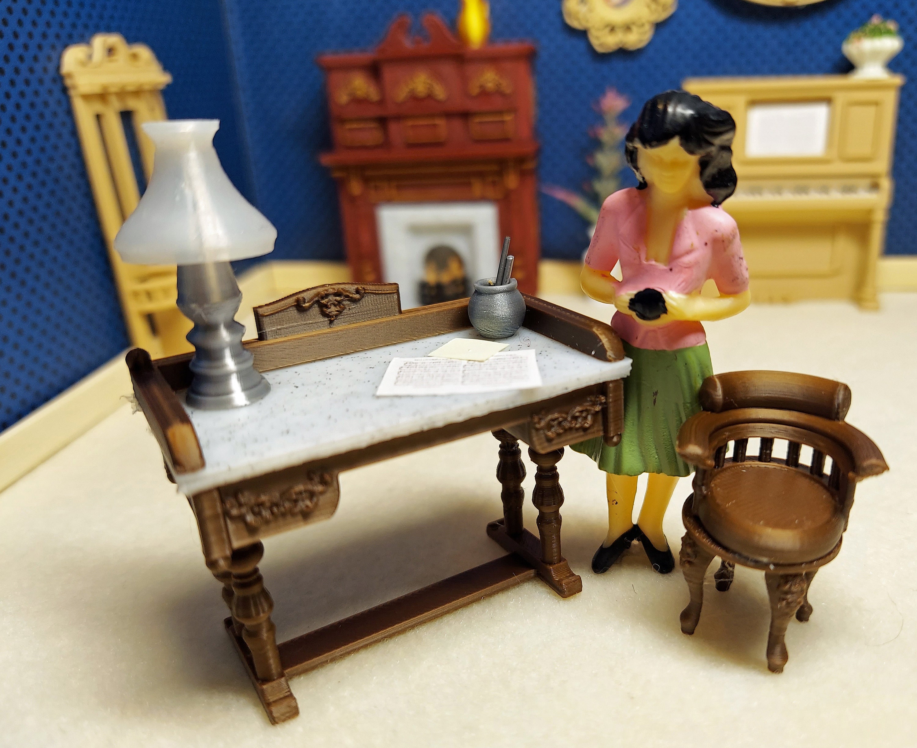 Dollhouse antique writing desk with free chair available in three colors for dollhouse miniatures or diorama. 1:24 scale (half scale)