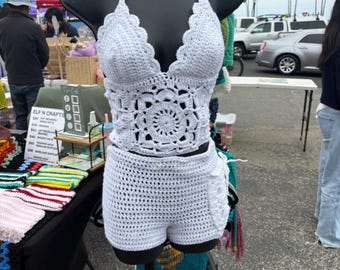 Crochet Shorts Set, Boho Set, White Crochet Set - Size S/M