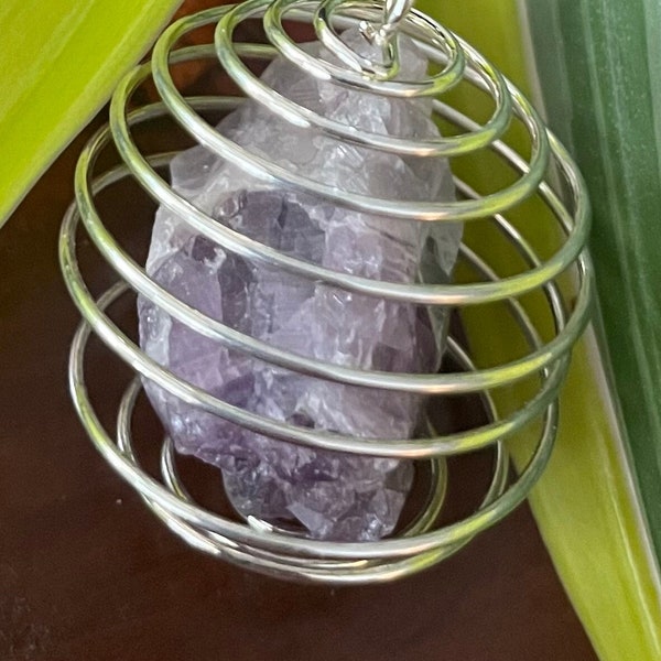Crystal Gemstone Cage with Cord Necklace:  Raw Amethyst