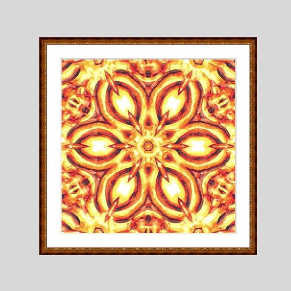 Modèle de point de croix fractal, fleur d'ambre au point de croix, motif de broderie au point de croix fichier PDF téléchargement instantané, tons orange et rouge, ornement floral