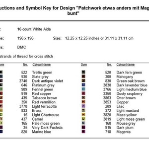 K&ouml;nnte beinhalten: Eine detaillierte Anleitung und Symbolschl&uuml;ssel f&uuml;r ein Kreuzstich-Design namens "Patchwork etwas anders mit Magenta bunt." Die Tabelle enth&auml;lt Angaben zu Stoff, Stichen und Farben sowie die Ma&szlig;e von 31,11 x 31,11 cm.