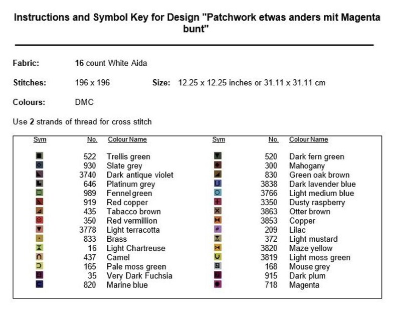 K&ouml;nnte beinhalten: Eine detaillierte Anleitung und Symbolschl&uuml;ssel f&uuml;r ein Kreuzstich-Design namens "Patchwork etwas anders mit Magenta bunt." Die Tabelle enth&auml;lt Angaben zu Stoff, Stichen und Farben sowie die Ma&szlig;e von 31,11 x 31,11 cm.