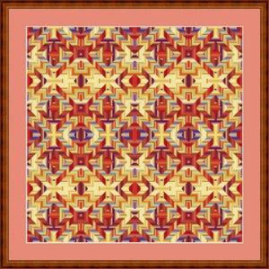 Pu&ograve; includere: Un motivo geometrico incorniciato con un designo ripetitivo di quadrati e rettangoli rossi, arancioni, gialli, blu e viola.