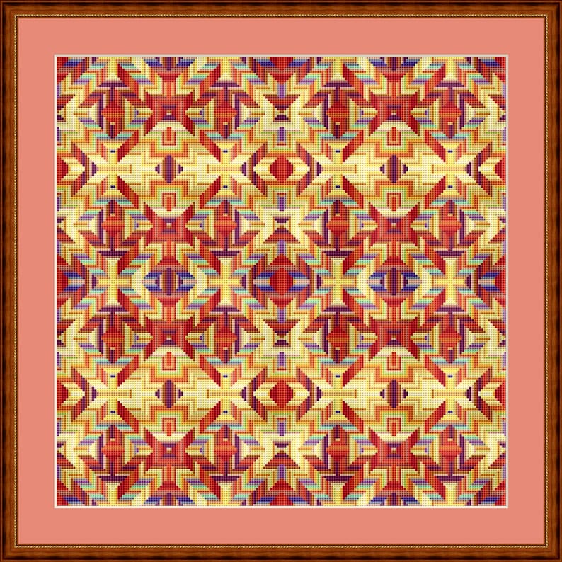 Pu&ograve; includere: Un motivo geometrico incorniciato con un designo ripetitivo di quadrati e rettangoli rossi, arancioni, gialli, blu e viola.