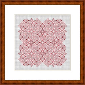 May include: A framed cross-stitch piece with a repeating red geometric pattern. The design features diamond and square shapes, forming a symmetrical and detailed texture. The artwork is set against a white background and enclosed in a dark brown wooden frame.