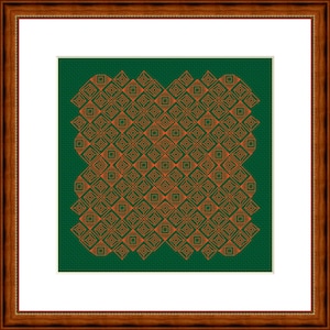 May include: Framed artwork with a geometric pattern of orange diamond shapes on a dark green background. The artwork is in a brown wooden frame with a white mount. The frame is 30 cm x 30 cm.