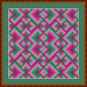 May include: A framed artwork featuring a geometric pattern in shades of pink, green, and gray. The design consists of layered diamond shapes, creating a 3D effect. The artwork is set against a green background and framed in a brown wooden frame.