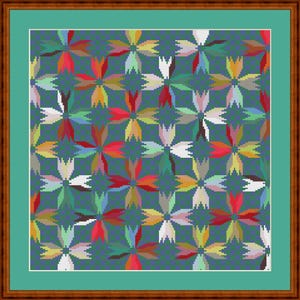 May include: A cross-stitch pattern featuring a repeating floral motif in shades of red, yellow, white, and green against a dark blue background. The design is enclosed within a white border and a thick, textured brown wooden frame.