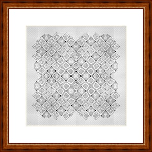 May include: A framed cross-stitch pattern with a repeating geometric design in black thread on a white background. The pattern features diamond and square shapes. The frame is dark brown wood.