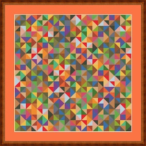 May include: A framed artwork with a vibrant geometric design. The pattern consists of many small triangles in various colours, such as red, blue, green, yellow, and purple. It is presented in a brown wooden frame with an orange mount.