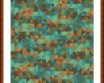 Schema punto croce patchwork, verde blu marrone, dimensioni immagine ca. 30 x 30 cm, schema ricamo punto croce file PDF download immediato