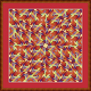 May include: A colorful abstract pixel art design with a swirling pattern in shades of red, orange, yellow, blue, and purple.