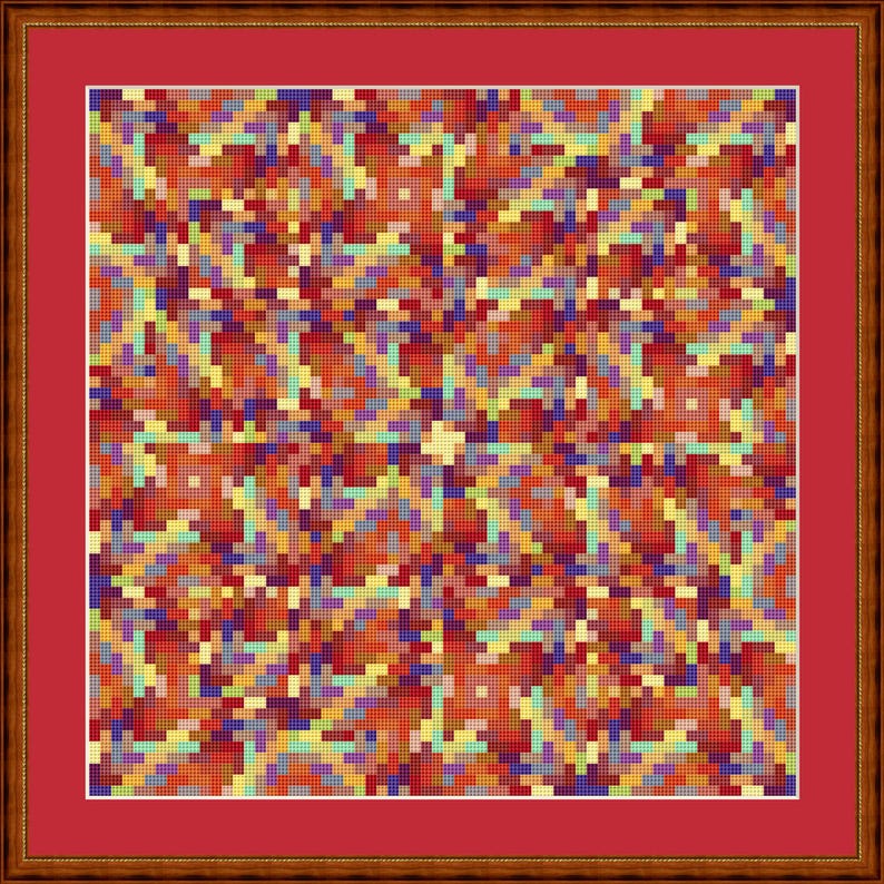 May include: A colorful abstract pixel art design with a swirling pattern in shades of red, orange, yellow, blue, and purple.