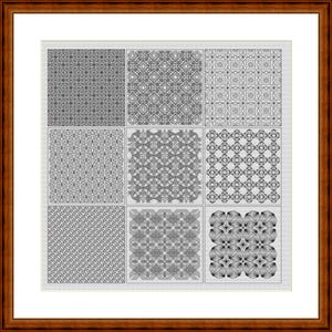 ブラックワークのサンプラー刺繍パターン、画像サイズ約22 x 22 cm、PDFファイルですぐにダウンロード可能、ブラックワークのパターン