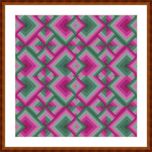 May include: A framed artwork featuring a geometric pattern. The design consists of layered diamond shapes in shades of pink, green, and gray. The artwork is encased in a brown wooden frame with a white mat.