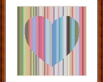 Patrón punto de cruz líneas de corazón rosa azul verde, tamaño de imagen aprox 15 x 15 cm, plantilla de bordado punto de cruz archivo PDF descarga instantánea.