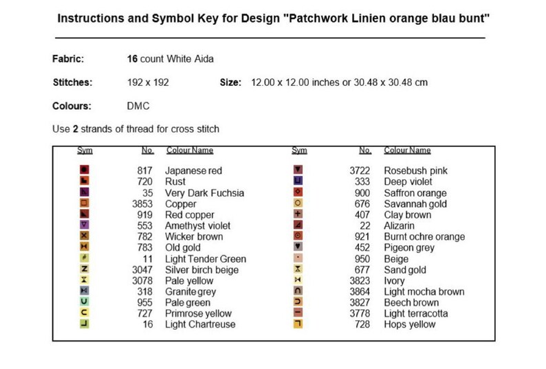 Pu&ograve; includere: Un grafico di punto croce con una chiave di simboli e un elenco di colori. Il grafico include 16 colori DMC con nomi e numeri. Il modello &egrave; per un design di 12 x 12 pollici, utilizzando 192 x 192 punti su tela Aida bianca a 16 fili.
