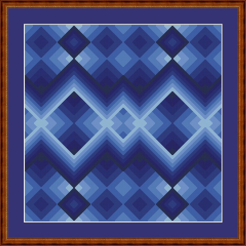 Peut inclure: Motif g&eacute;om&eacute;trique abstrait avec un sch&eacute;ma de couleurs bleu et blanc. Le motif est compos&eacute; de carr&eacute;s et de diamants qui se chevauchent.