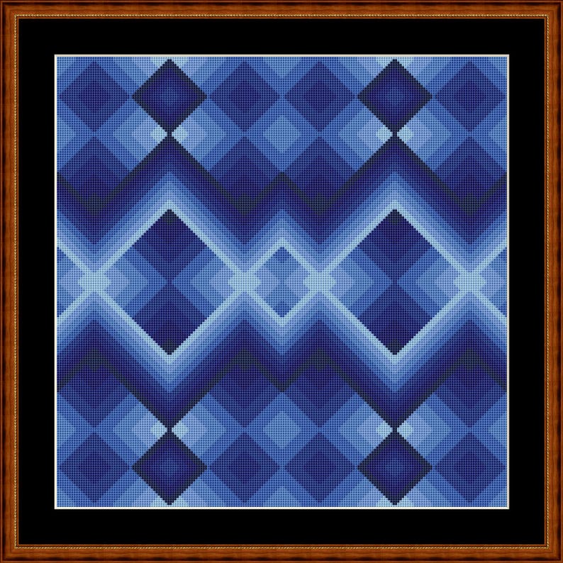 Peut inclure: Motif g&eacute;om&eacute;trique abstrait avec un motif r&eacute;p&eacute;titif en forme de diamant dans des tons de bleu.