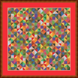 May include: A framed cross-stitch artwork with a geometric pattern of colourful triangles. The design uses a wide array of colours, including red, orange, yellow, green, blue, and purple. The artwork is set against a red border and framed in a brown wooden frame.