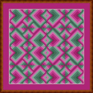May include: A framed geometric cross-stitch pattern in shades of green and pink. The design features repeating diamond shapes within a magenta border and a brown wooden frame. The artwork has a retro, mid-century modern aesthetic.