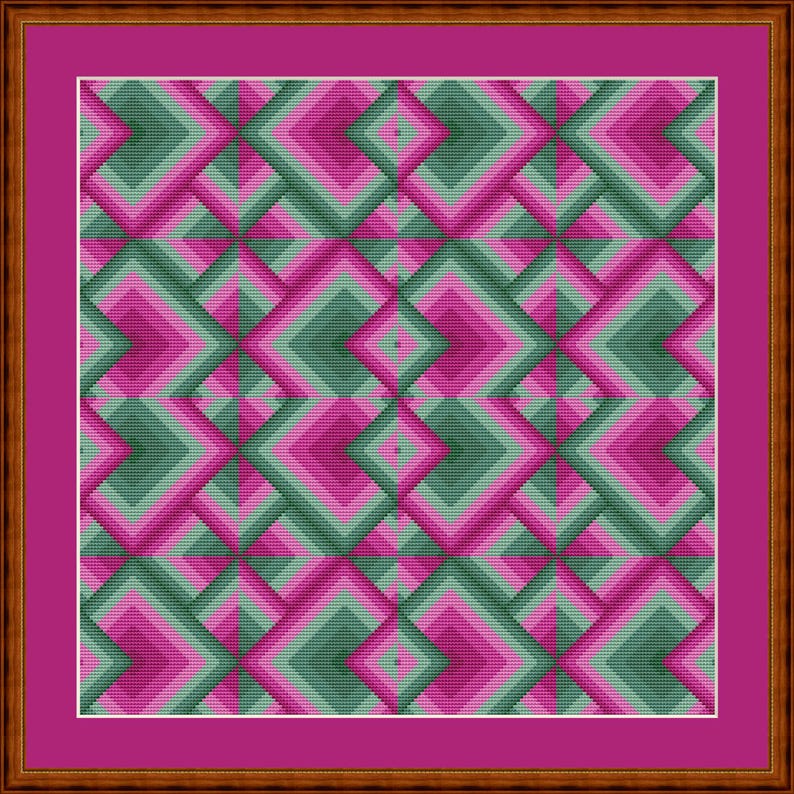 May include: A framed geometric cross-stitch pattern in shades of green and pink. The design features repeating diamond shapes within a magenta border and a brown wooden frame. The artwork has a retro, mid-century modern aesthetic.