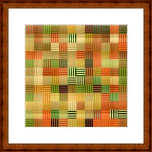 Könnte beinhalten: Gerahmtes Kreuzstich-Kunstwerk mit einem farbenfrohen Patchwork-Design. Das Design besteht aus Quadraten und Rechtecken in Orange-, Grün-, Gelb- und Brauntönen. Das Kunstwerk ist in einem weißen Passepartout und einem dunkelbraunen Holzrahmen gefasst.