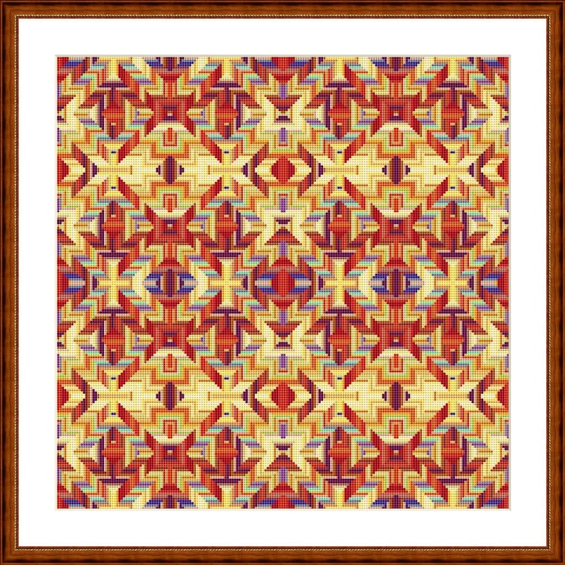 Pu&ograve; includere: Un motivo geometrico colorato con un designo ripetitivo di quadrati, triangoli e rombi in tonalit&agrave; di rosso, arancione, giallo, blu e viola.