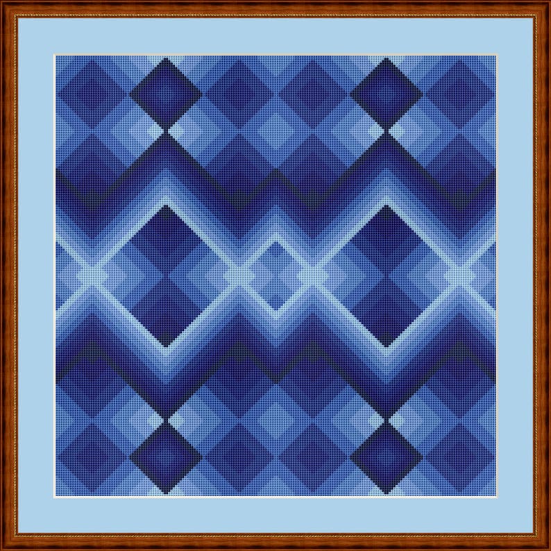 Peut inclure: Motif g&eacute;om&eacute;trique abstrait avec un motif r&eacute;p&eacute;titif en forme de diamant dans des tons de bleu.