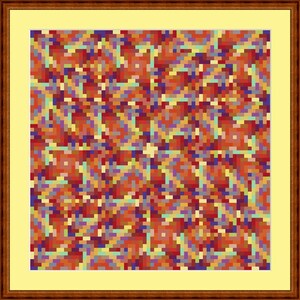 May include: A colorful abstract pattern with a pixelated design. The pattern is made up of shades of red, orange, yellow, blue, and green. The pattern is symmetrical and has a swirling effect.