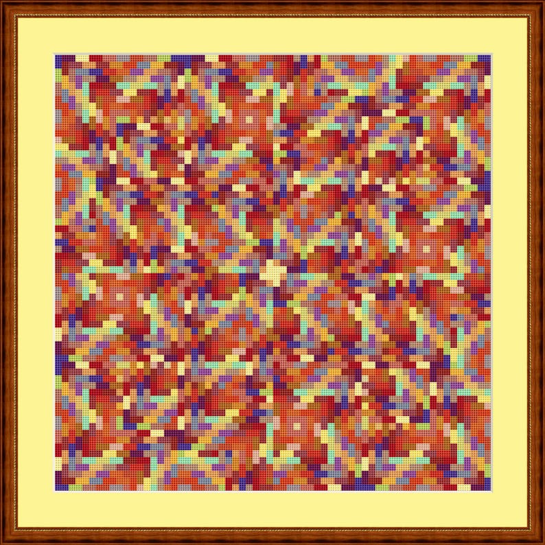 May include: A colorful abstract pattern with a pixelated design. The pattern is made up of shades of red, orange, yellow, blue, and green. The pattern is symmetrical and has a swirling effect.
