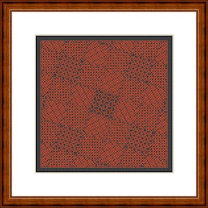 K&ouml;nnte beinhalten: Ein quadratisches gerahmtes Kunstwerk mit einem dunkel anthrazitfarbenen Hintergrund und einem dichten, komplexen geometrischen Muster aus d&uuml;nnen, sich kreuzenden orangefarbenen Linien. Das Bild befindet sich in einem braunen Holzrahmen mit wei&szlig;em Passepartout.
