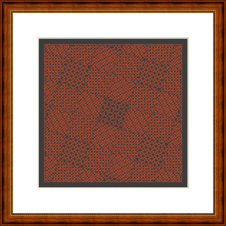 K&ouml;nnte beinhalten: Ein quadratisches gerahmtes Kunstwerk mit einem dunkel anthrazitfarbenen Hintergrund und einem dichten, komplexen geometrischen Muster aus d&uuml;nnen, sich kreuzenden orangefarbenen Linien. Das Bild befindet sich in einem braunen Holzrahmen mit wei&szlig;em Passepartout.