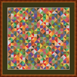 May include: A framed artwork with a vibrant geometric design. The pattern consists of many small triangles and squares in various colours, such as red, orange, green, blue, and purple. The frame is a dark brown colour.