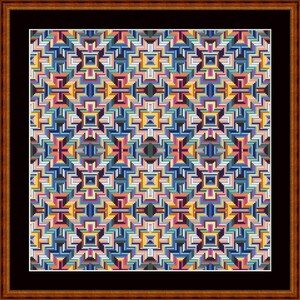 Op de afbeelding: Een kleurrijk geometrisch patroon met een herhalend ontwerp van vierkanten en rechthoeken in tinten blauw, geel, oranje, roze en wit.