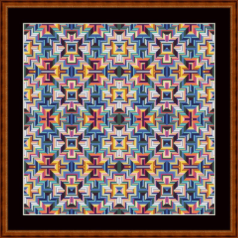 Op de afbeelding: Een kleurrijk geometrisch patroon met een herhalend ontwerp van vierkanten en rechthoeken in tinten blauw, geel, oranje, roze en wit.