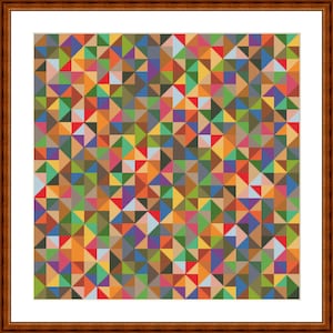 May include: A framed artwork with a vibrant geometric design. The pattern is made up of many small triangles and squares in various colours, such as red, orange, green, blue, and purple. The frame is a dark brown colour.
