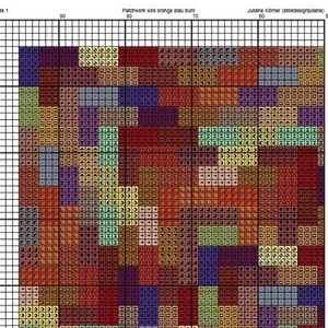 May include: A cross-stitch pattern featuring a colorful abstract design with shades of orange, red, yellow, green, blue, and purple. The pattern is labeled "Patchwork wild orange blau bunt" and "Jullane K&ouml;mer (stickdesignjullane)".