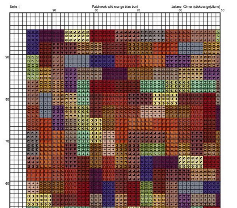 May include: A cross-stitch pattern featuring a colorful abstract design with shades of orange, red, yellow, green, blue, and purple. The pattern is labeled "Patchwork wild orange blau bunt" and "Jullane K&ouml;mer (stickdesignjullane)".