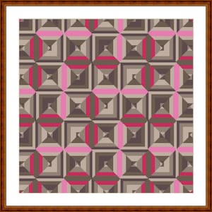 May include: A framed geometric pattern featuring squares and diamonds in shades of brown, pink, and red. The design is symmetrical and creates a repeating pattern. The artwork is displayed in a brown wooden frame.